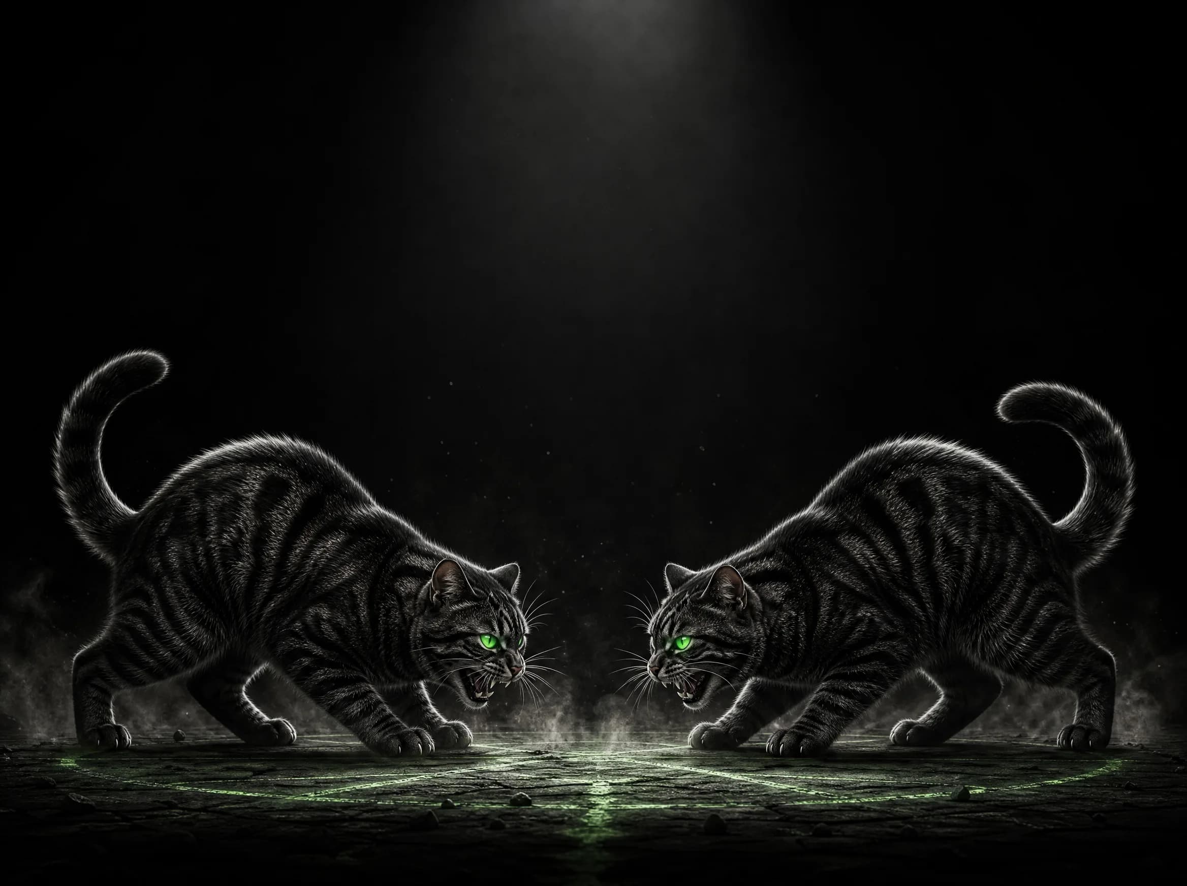 Two cats squaring off in a green-lit arena