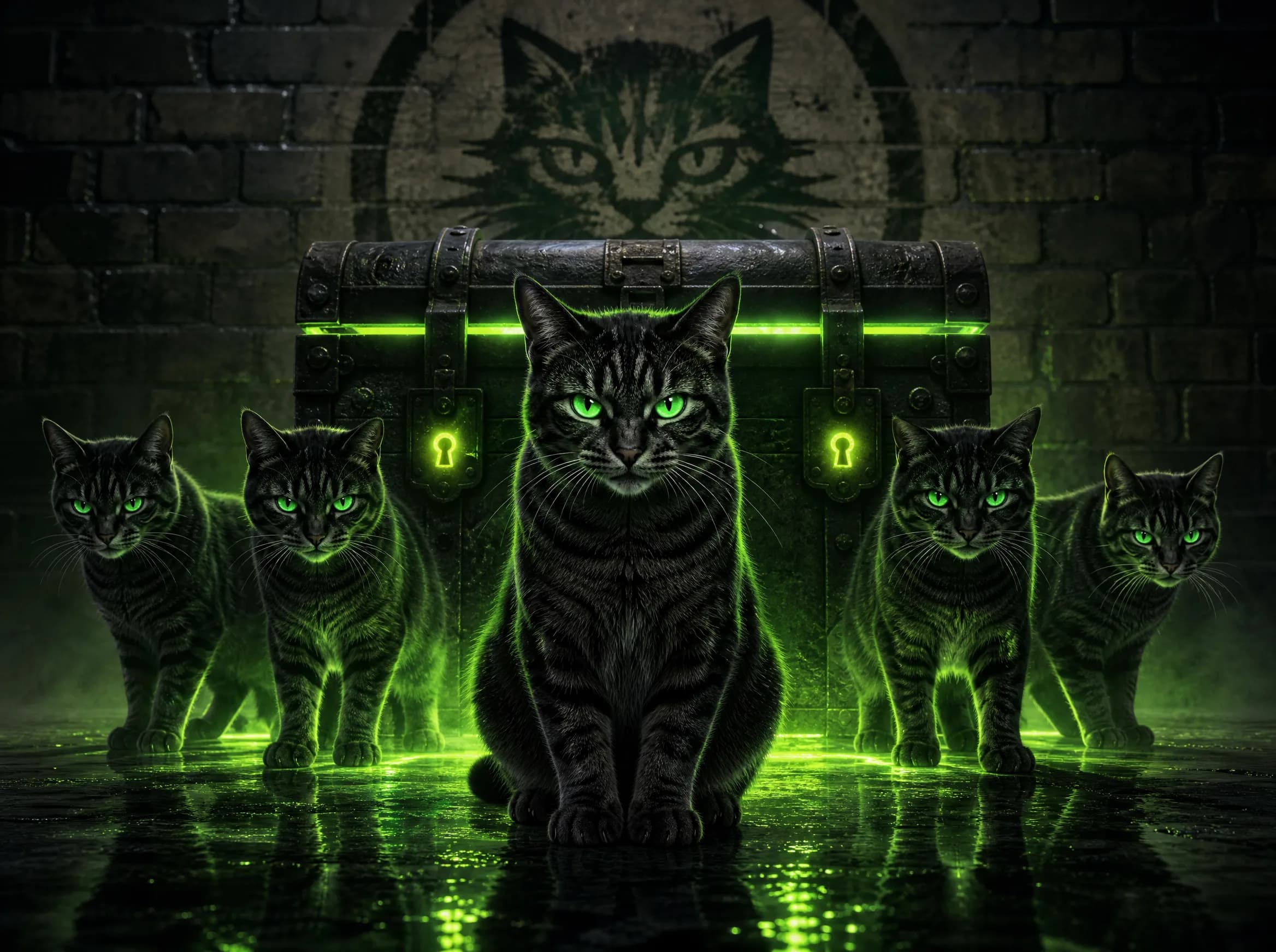 Pack of cats around a glowing war chest