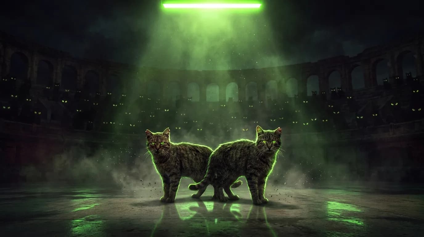 Two cat gladiators in a neon-green coliseum surrounded by glowing-eyed spectators