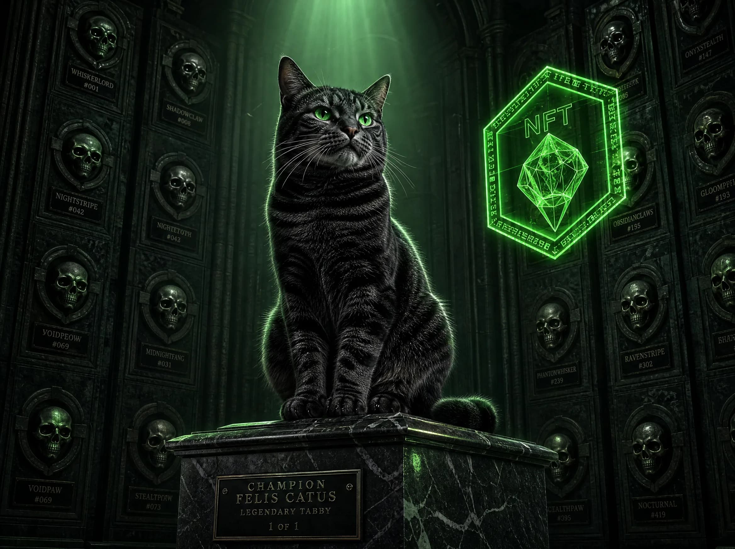 Champion cat on a pedestal with NFT trophy